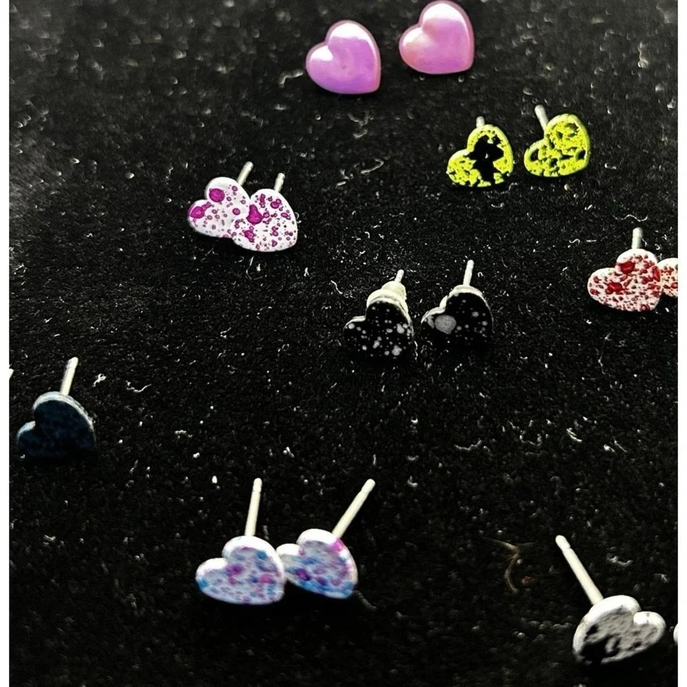 Heart Stud Earrings Lot Pink Black Blue Red Colorful Tiny Cute Kawaii Set 8 Pair